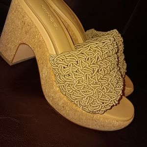 Woven Strap Cork Heel Sandals - Gold